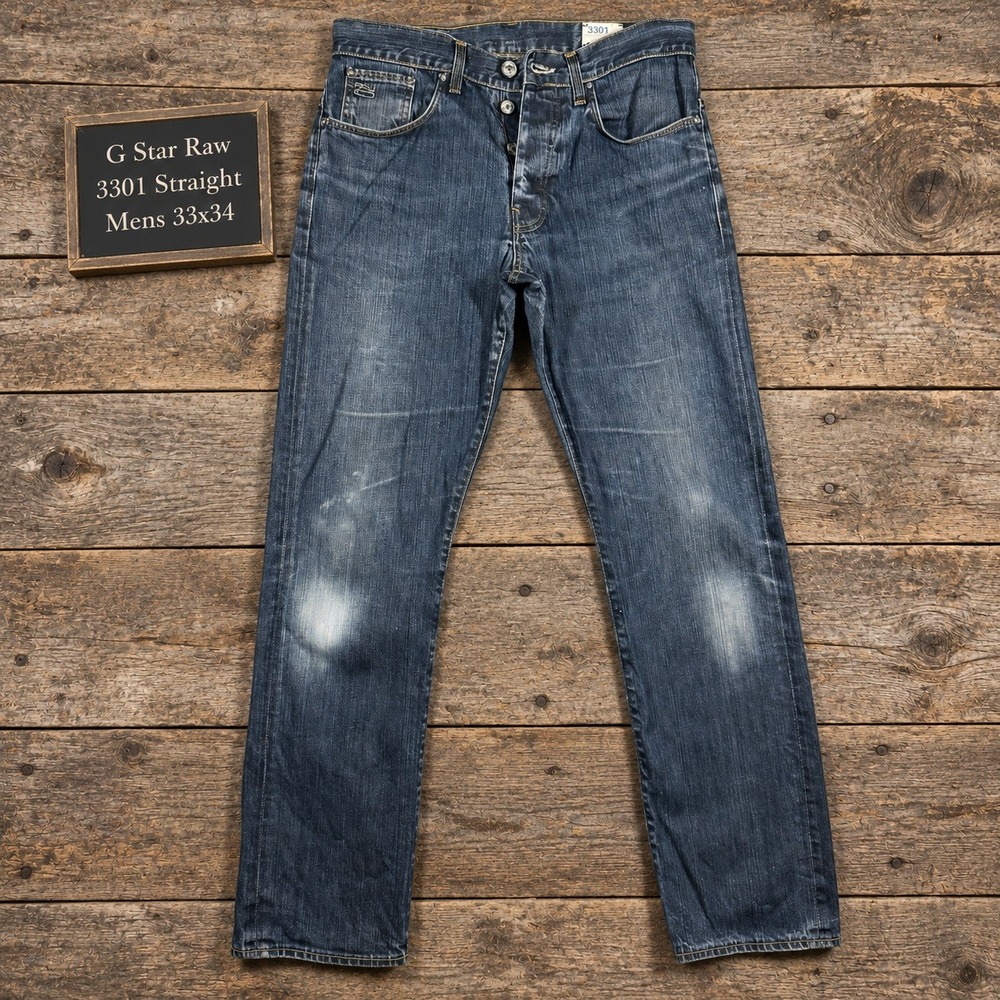 G-Star Raw 3301 Straight Mens Jeans Blue Denim Size 33x34 Made in Italy